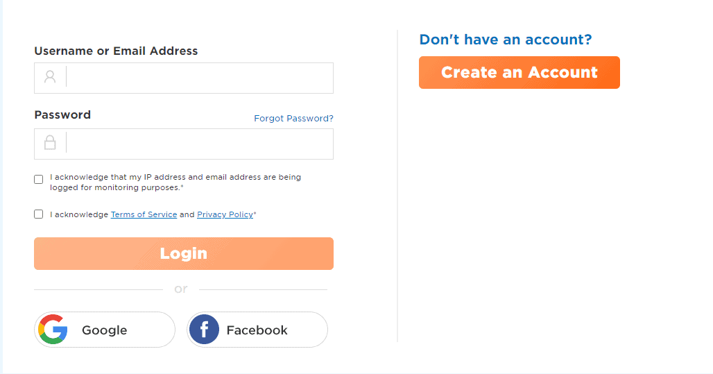 Log into an existing account or Create new