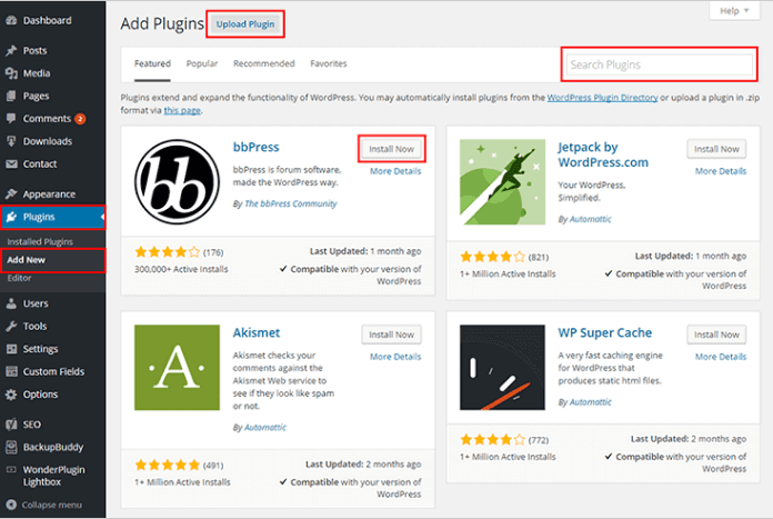 WordPress Dashboard Plugins Section