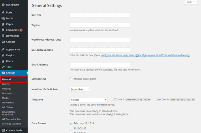 WordPress Dashboard Settings Section