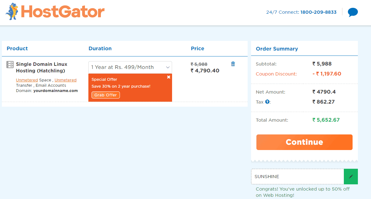 Enter the HostGator discount coupon code