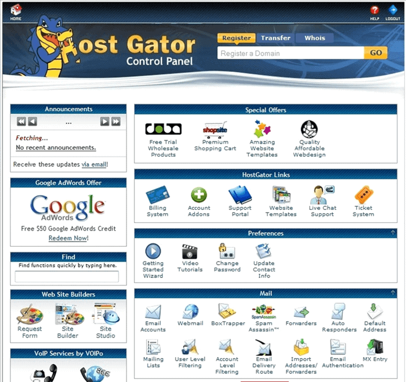 hostGator cpanel dashboard