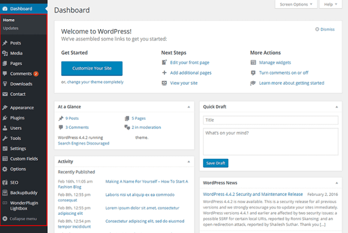 new WordPress dashboard